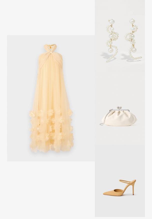 Vestido largo hecho de un tejido translúcido de color amarillo pálido, con un cuello halter anudado y aplicaciones florales en el dobladillo, creando una silueta fluida.; Zapato de tacón stiletto en color beige con punta afilada y una fina correa en el tobillo sobre un fondo blanco.; Bolso de mano de tela color crema con diseño fruncido, marco metálico plateado, dos bolas decorativas y correa de cadena plateada.; Pendientes de perlas blancas con un diseño retorcido, que presentan perlas de diferentes tamaños y acentos dorados. Textura suave y forma elegante.