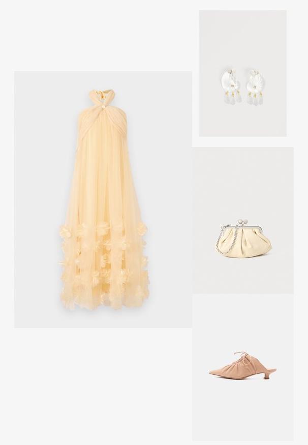 Maxikleid aus transparentem, blassgelbem Stoff mit einem geknoteten Halsband und floralen Applikationen am Saum, das eine fließende Silhouette schafft.; Beige Leder-Pantolette für Damen mit spitzer Kappe, gerafftem Obermaterial, Kordelzug und niedrigem Kitten-Heel auf weißem Hintergrund.; Faltige beigefarbene Ledertasche mit einem silbernen Metallrahmen, ausgestattet mit zwei runden dekorativen Verschlüssen und einem silbernen Kettenriemen.; Klare Harz-Ohrringe in Muschelform mit kleinen goldenen Akzenten und drei hängenden durchsichtigen tropfenförmigen Anhängern an jedem Ohrring.