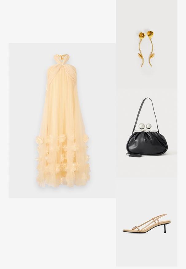 Robe maxi en tissu translucide de couleur jaune pâle, dotée d'un col halter noué et d'appliqués floraux à l'ourlet, créant une silhouette fluide.; Sandale beige à lanières avec une fine boucle pour l'orteil, deux lanières latérales, une bride arrière, une semelle rembourrée et un talon noir élégant de hauteur moyenne.; Sac à main en cuir noir avec un design plissé, une sangle unique, un cadre métallique argenté et deux grandes fermoirs ronds en argent.; Boucles d'oreilles dorées en forme de fleurs avec des tiges courbées et une seule feuille sur chaque tige, sur fond blanc.