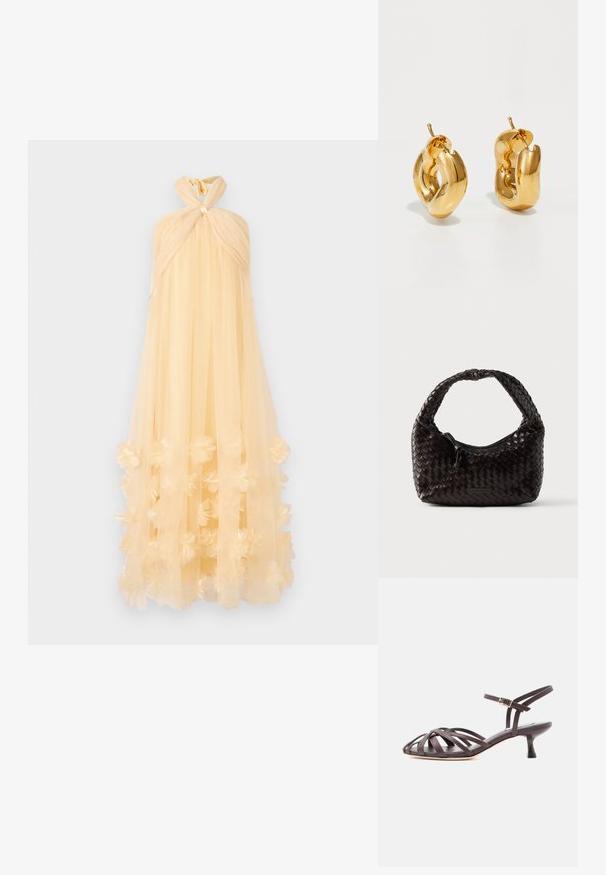Maxikleid aus transparentem, blassgelbem Stoff mit einem geknoteten Halsband und floralen Applikationen am Saum, das eine fließende Silhouette schafft.; Dunkelbraune Leder-Sandalette mit Riemchen und verstellbarem Schnallenriemen am Knöchel, Kitten-Heel, vor weißem Hintergrund.; Geflochtene Lederhandtasche in Dunkelbraun, abgerundete Form mit einem dicken geflochtenen Griff. Verfügt über einen Reißverschluss und dezentes Branding an der Seite.; Fette goldene Creolen mit einem leicht verdrehten, röhrenförmigen Design und Steckverschlüssen auf einem weißen Hintergrund.