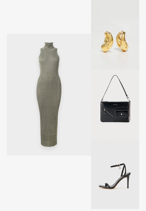 Robe en tricot côtelé vert olive avec un col montant, silhouette ajustée et longueur longue. Texture lisse avec un subtil éclat.; Sandale à talon haut noire avec une bride étroite à la cheville, bout carré, cuir lisse et accent de boucle métallique.; Sac à bandoulière en cuir noir Michael Kors avec fermeture éclair supérieure, poche avant zippée en diagonale, poche à rabat avec bouton-pression et détail en chaîne argentée.; Boucles d'oreilles en or en forme de d'anneaux lisses et courbés avec une finition polie. Équipées d'un mécanisme de fermeture et de légères indentations pour le détail.