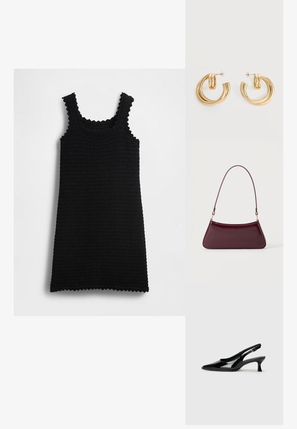 Schwarzes, gestricktes Tankkleid mit wellenförmigen Kanten, rechteckiger Form, strukturiertem Muster und Schulterriemen, vor einem einfarbigen Hintergrund gezeigt.; Schwarze Lackleder Slingback-Schuhe mit spitzem Zehenbereich und niedrigem Blockabsatz. Verstellbarer Riemen mit Schnalle am Knöchel.; Dunkelburgunderfarbene, glänzende Handtasche mit einem einzigen dünnen Griff und einer schlanken, trapezförmigen Form auf einem schlichten hellen Hintergrund.; Paar glänzende goldene Doppel-Loop-Creolen mit Steckverschlüssen vor weißem Hintergrund.