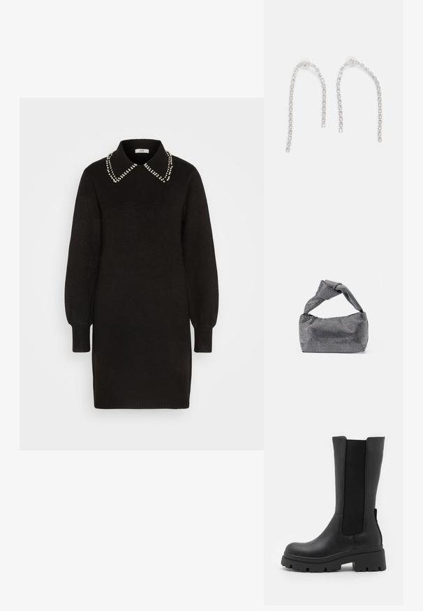 Zwart trui-jurk met een kraag, versierd met parelaccenten langs de kraag. Lange puffmouwen en geribbelde manchetten. Zachte textuur.; ONLY SHOES ONLDOJA - Plateaulaarzen - black; Zwarte en zilveren handtas met een gestructureerd oppervlak dat een diamanten patroon vertoont, een geknoopt handvat en een gestructureerde vorm.; Zilveren oorbellen met hangende kettingen, voorzien van meerdere heldere edelstenen die in een lineair patroon zijn gerangschikt, wat een schitterend effect geeft.