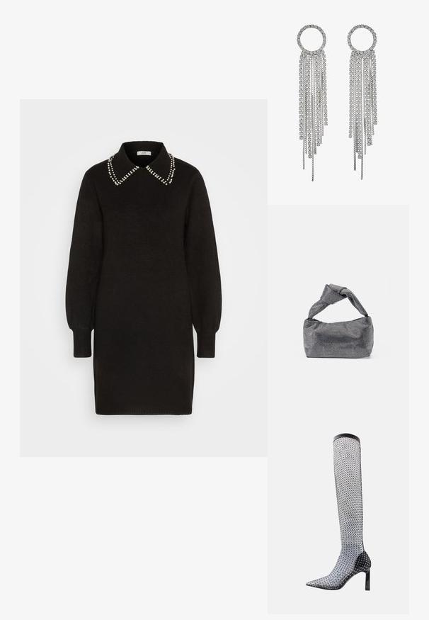 Zwart trui-jurk met een kraag, versierd met parelaccenten langs de kraag. Lange puffmouwen en geribbelde manchetten. Zachte textuur.; Zwarte visnet kniehoge laars met een puntige neus, gedetailleerd met glanzende accenten en een glanzende zwarte hak. Heeft een gestroomlijnd, gestructureerd ontwerp.; Zwarte en zilveren handtas met een gestructureerd oppervlak dat een diamanten patroon vertoont, een geknoopt handvat en een gestructureerde vorm.; Zilverkleurige oorbellen met een cirkelvormige bovenkant en watervalletjes van kettingen en vierkante rhinestones, die een lineair, meerdelig ontwerp laten zien.