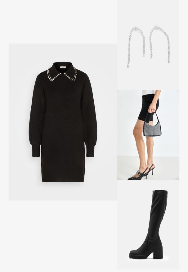 Zwart trui-jurk met een kraag, versierd met parelaccenten langs de kraag. Lange puffmouwen en geribbelde manchetten. Zachte textuur.; Zwarte knie-hoge laarzen van glad synthetisch materiaal, met een dikke blokhak en een gestroomlijnd ontwerp met een elastische bovenrand.; Zwarte beaded handtas met een gebogen silhouet, draaghandvat en glanzende textuur. Draagt bij hoge zwarte hakken en strakke zwarte shorts.; Zilveren oorbellen met hangende kettingen, voorzien van meerdere heldere edelstenen die in een lineair patroon zijn gerangschikt, wat een schitterend effect geeft.
