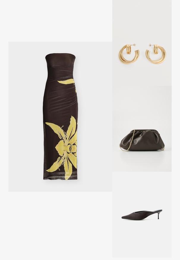Robe longue noire bustier froncée avec un grand imprimé floral jaune sur la moitié inférieure et un ourlet légèrement transparent.; Mule noire à bout pointu, talon stiletto bas et finition lisse et élégante, vue de profil sur fond blanc.; Sac à main en cuir marron avec un design froncé, une bandoulière en chaîne dorée et une finition douce et texturée. Sa forme compacte est idéale pour une utilisation en soirée.; Paire de boucles d'oreilles créoles doubles en or brillant avec attaches à tige sur fond blanc.