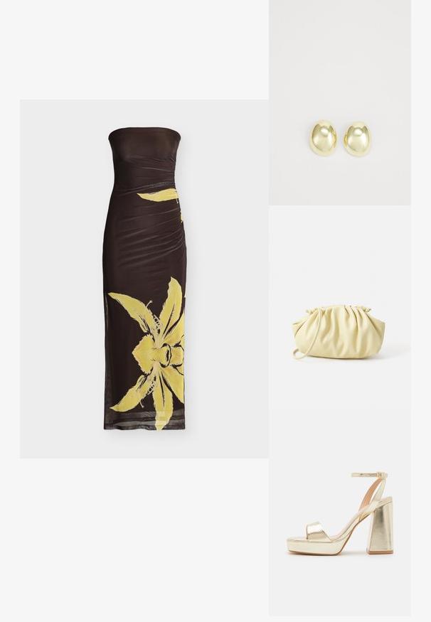 Robe longue noire bustier froncée avec un grand imprimé floral jaune sur la moitié inférieure et un ourlet légèrement transparent.; Sandales plates-formes métalliques dorées avec un bout ouvert et une bride de cheville, présentant un talon carré et une texture lisse.; Sac à main plissé jaune en simili cuir lisse, arborant une forme douce avec une bandoulière unique et un design froncé sur le dessus.; Boucles d'oreilles en métal doré avec une forme lisse et arrondie et une finition polie. Design simple sans embellissements supplémentaires.