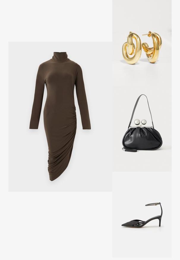 Langærmet turtleneck kjole i mørkebrun, lavet af glat stof, med sidelæggedetaljer og en asymmetrisk kant.; Sort læder højhælet sko med spids tå, åbne sider og en tynd ankelrem med en lille guld detalje.; Sort læderhåndtaske med opsamlet design, en enkelt rem, sølv metalramme og to store runde sølv lukninger.; Charlotte Chesnais BO INITIAL BLOW - Øreringe - gold-coloured