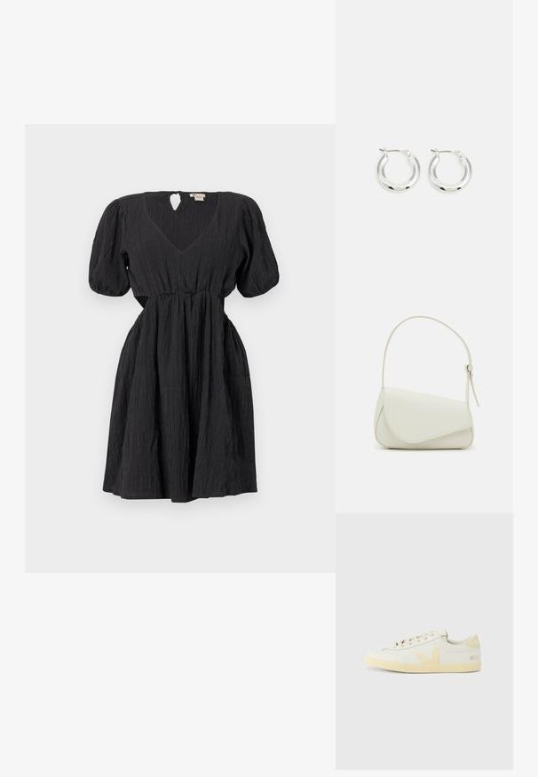 Vestido negro con mangas abullonadas, escote en forma de "v" y una tela texturizada. Cuenta con una pretina y un detalle de ojal en la parte posterior. Largo corto.; Zapatillas deportivas de cuero blanco con un acento beige en el lateral y el talón, con una suela de goma texturizada y diseño de puntera redonda.; Bolso de mano de imitación cuero blanco con una forma triangular estructurada, correa ajustable única y cierre con solapa acentuada en curva.; Pendientes de aro de plata con un acabado pulido, que presentan una forma circular y un cierre de gancho. Textura suave con detalles mínimos.