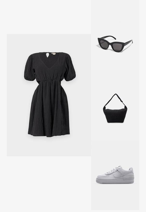Sort kjole med puffærmer, v-udsPRINGNING og et struktureret stof. Har en talje og en nøglehul detalje på bagsiden. Kort længde.; Grå Nike Air Force 1 sneakers med perforeret tå, glat læderoverdel, tyk sål og præget 'AIR' detalje på hælen.; Sorte cat-eye solbriller med mat finish, der har grå tonede linser, skarpe vinkler og slanke sidearme. Mærkenavnet er synligt på den indre arm.; Sort stof skuldertaske med en blød tekstureret overflade, rund form og en enkelt rem. Minimalistisk design uden synligt hardware eller accenter.