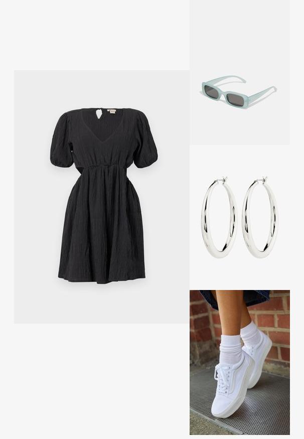 Schwarzes Kleid mit Puffärmeln, V-Ausschnitt und einem strukturierten Stoff. Verfügt über einen Taillengürtel und ein Schlüsselaugen-Detail am Rücken. Kurze Länge.; Weiße Leinensneaker mit Gummisohlen, ausgestattet mit sechs Ösen, runder Zehenpartie und dezenten Nähten, kombiniert mit weißen Knöchelsocken.; Ein Paar rechteckige Sonnenbrillen mit lichtblauen, halbtransparenten Rahmen und dunkelgrauen Gläsern, ausgestattet mit geraden Bügeln und minimalen Hardware-Details.; Silberne Creolen mit einer glatten, reflektierenden Oberfläche. Runde, große Form mit einem sicheren Verschluss an der Oberseite. Polierte Oberfläche betont den Glanz.