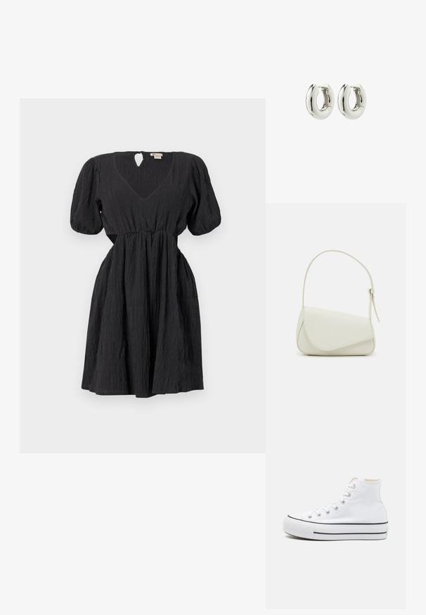 Schwarzes Kleid mit Puffärmeln, V-Ausschnitt und einem strukturierten Stoff. Verfügt über einen Taillengürtel und ein Schlüsselaugen-Detail am Rücken. Kurze Länge.; Weiße High-Top-Sneaker aus einem Material aus Segeltuch, mit schwarzer Gummisohle und kontrastierendem schwarzen Streifen auf der Zwischensohle. Runde Zehenkappe und Schnürdesign.; Weiße Kunstleder-Handtasche mit einer strukturierten dreieckigen Form, einem verstellbaren Einzelgurt und einem Klappenverschluss mit geschwungenen Akzenten.; Silberne Creolen mit einem glatten, runden Design und glänzender Oberfläche. Verfügt über einen einfachen Scharnierverschluss für ein leichtes Tragen.
