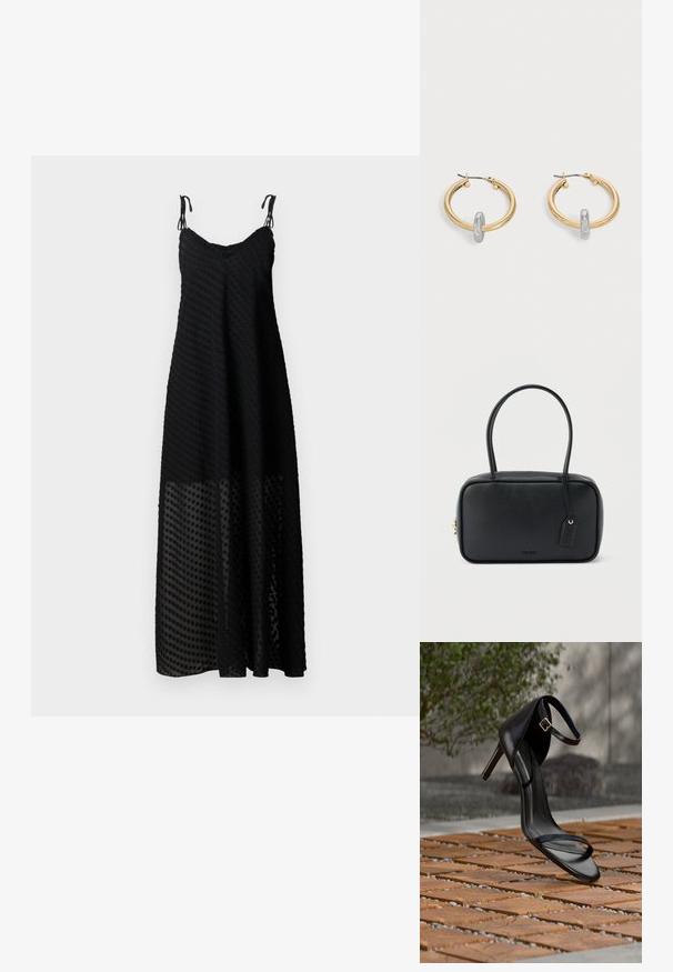 Vestido maxi negro con tirantes finos, que presenta un patrón de lunares texturizado y un panel inferior transparente. Tela ligera, ajuste holgado.; Sandalia negra de tacón alto con correa en el tobillo, parece suspendida sobre un suelo de baldosas de madera al aire libre, con un fondo difuminado de vegetación y piedra.; Bolso rectangular negro con asas dobles redondeadas, cremallera dorada y logo "HUGO" en relieve en el frente con etiqueta de cuero adjunta.; Par de pendientes de aro en tono dorado con pequeño detalle de aro en tono plateado en cada uno, expuestos sobre un fondo gris claro.