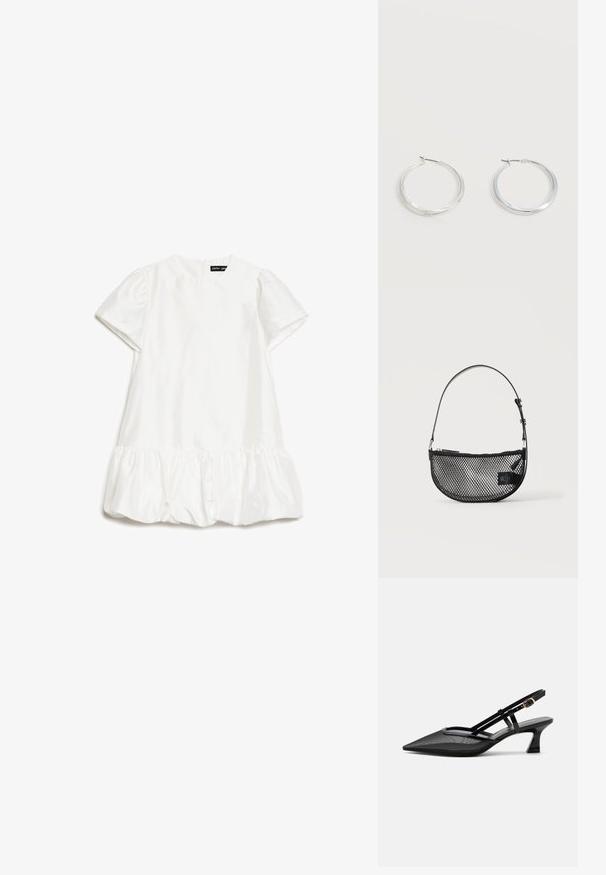 Vestido corto de mangas cortas, con escote redondo y dobladillo fruncido, hecho de una tela ligeramente brillante, colocado sobre un fondo blanco.; Zapato slingback negro con punta afilada, parte superior de malla, tiras delgadas, hebilla dorada y tacón bajo curvado sobre fondo blanco.; Bolso de malla negra en forma de media luna con una correa corta ajustable de cuero y cierre de cremallera sobre un fondo claro y liso.; Pendientes de aro de metal plateado con superficie lisa y ligeramente curvada y cierre de tipo mosquetón sobre un fondo blanco liso.