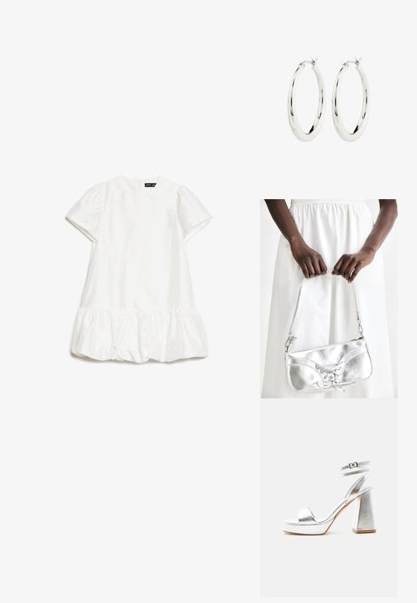 Vestido corto de mangas cortas, con escote redondo y dobladillo fruncido, hecho de una tela ligeramente brillante, colocado sobre un fondo blanco.; Sandalia de tacón alto plateada metálica con tira en el tobillo, tacón de bloque y punta abierta sobre un fondo claro y liso.; Bolso metálico plateado con detalle de cordones, que presenta un diseño elegante y una correa corta. El bolso está sostenido con las manos, mostrando su textura.; Pendientes de aro de plata con un acabado suave y brillante. Forma circular, con un cierre seguro. Diseño sencillo y elegante.