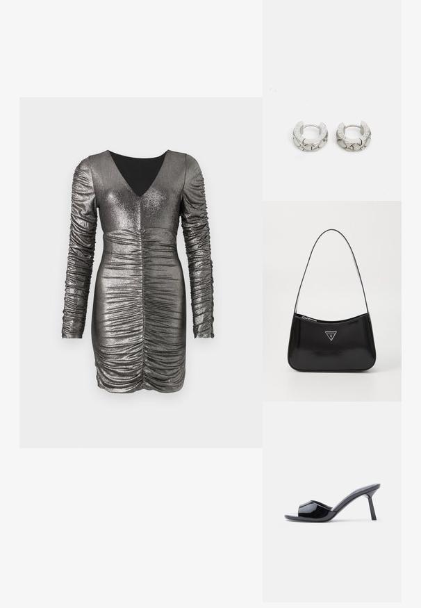 Robe gris métallique avec de longues manches froncées, décolleté en V et détails froncés à la taille. Texture lisse, coupe ajustée et longueur genoux.; Sandales à talons ouverts en cuir verni noir, avec un design supérieur incurvé et un talon aiguille effilé. Finition lisse et brillante.; Sac à épaule en cuir verni noir avec une forme incurvée, présentant un logo triangle en argent et une fermeture éclair. Texture lisse et bandoulière fine.; Guess STYLISH - Boucles d'oreilles - silver-coloured