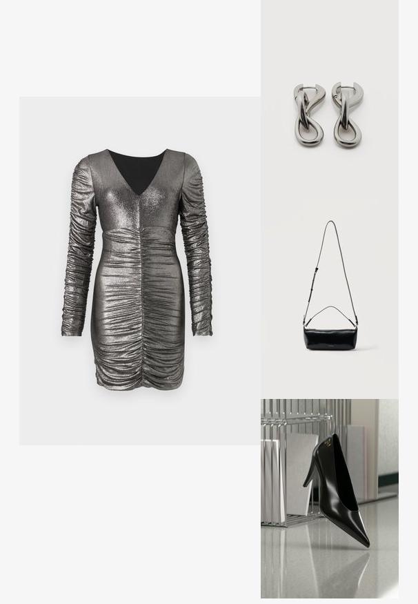 Robe gris métallique avec de longues manches froncées, décolleté en V et détails froncés à la taille. Texture lisse, coupe ajustée et longueur genoux.; Chaussure noire à talon haut avec bout pointu et logo doré, posée sur une surface réfléchissante près d'un organiseur de dossiers en fil chromé contenant des documents.; Sac bandoulière rectangulaire en cuir noir avec bandoulière ajustable, fermeture éclair sur le dessus et petit logo Calvin Klein doré sur le devant.; Paire de boucles d'oreilles en métal argenté avec un motif abstrait d'anneaux entrelacés sur fond blanc.