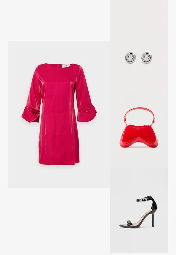 Fuchsia satijnen jurk met een ronde halslijn, uitlopende driekwartmouwen en een ritssluiting aan de achterkant. Gladde textuur met een glanzende afwerking.; Zwarte sandalen met hoge hak van lakleer en een enkelriempje. Heeft een minimalistisch ontwerp, open teen en een gesp met strass-steentjes.; Rode tas van lakleer met een gebogen, ergonomische vorm, voorzien van een dunne verstelbare band en een subtiel logo-accent aan de voorkant.; Zilveren metalen studoorbellen met ronde heldere kristallen, met een gladde gepolijste afwerking en een cirkelvormig ontwerp met subtiele verhoogde randen.