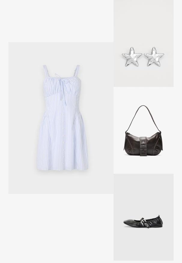 Vestido a rayas en azul claro y blanco, con tirantes finos, un lazo en el escote y botones en la parte delantera. Tejido texturizado con un corsé ajustado.; Zapato plano de piel negra con puntera afilada, detalle fruncido alrededor de la abertura y un acento de hebilla plateada en la correa ajustable.; Bolso de hombro de cuero marrón con forma curva, que presenta un prominente detalle de hebilla, costuras en contraste y una sola correa para el hombro.; Pendientes en forma de estrella plateada con una superficie pulida y brillante. Cada pendiente presenta cinco puntas y sutiles detalles de textura en la superficie.