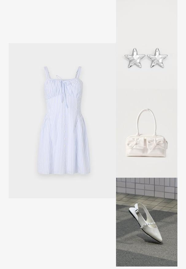 Vestido a rayas en azul claro y blanco, con tirantes finos, un lazo en el escote y botones en la parte delantera. Tejido texturizado con un corsé ajustado.; Zapato plano blanco con punta puntiaguda y diseño slingback con dos hebillas plateadas, mostrado al aire libre sobre un suelo texturizado y fondo de pared con azulejos.; Bolso sintético blanco con dos bolsillos delanteros, cada uno con un detalle de lazo atado. Textura suave, asas redondeadas y cierre de cremallera.; Pendientes en forma de estrella plateada con una superficie pulida y brillante. Cada pendiente presenta cinco puntas y sutiles detalles de textura en la superficie.