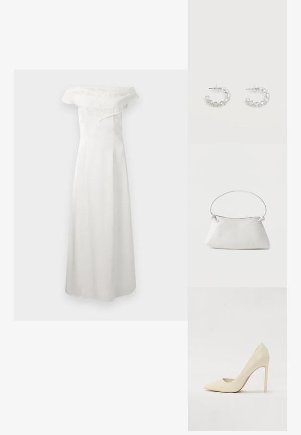 Longue robe blanche bustier avec un détail volant en dentelle sur le haut, tissu lisse et fluide, silhouette droite.; Escarpin crème à bout pointu en cuir lisse, avec un talon aiguille fin et un léger détail découpé sur les côtés.; Sac à main en cuir tressé blanc avec poignée arrondie et extrémités de lanière nouées, présenté sur un fond uni.; Boucles d'oreilles anneaux en argent incrustées de cristaux facettés clairs, avec attaches à tige et embouts transparents sur fond blanc.
