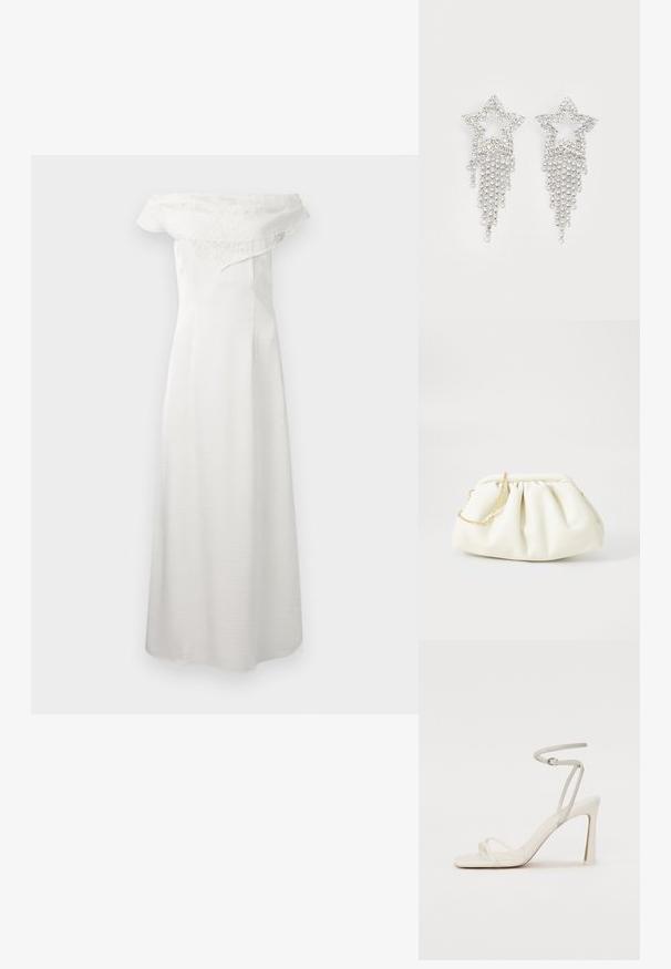 Longue robe blanche bustier avec un détail volant en dentelle sur le haut, tissu lisse et fluide, silhouette droite.; Sandale à talon blanche avec une fine lanière de cheville et deux lanières à l'avant. Texture en cuir lisse avec un orteil carré et un talon brillant.; Sac à main en cuir blanc avec un design plissé, doté d'une bandoulière en chaîne dorée et d'une forme arrondie. Texture lisse avec des plis doux et sans motifs.; Boucles d'oreilles en strass en forme d'étoile avec des détails de franges en cascade, présentant une teinte argentée et une surface brillante et réfléchissante. Forme d'étoile avec un design complexe.
