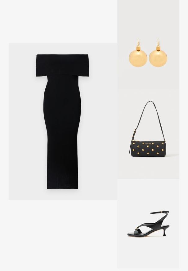 Robe noire ajustée décolletée, réalisée en tissu extensible. Modèle longueur maxi avec une texture lisse et un minimalisme dans les détails.; Sandale noire en cuir pour femme avec un petit talon courbé, des lanières croisées et une bride de cheville réglable avec une petite boucle dorée.; Sac à main cylindrique noir avec des clous dorés et une bandoulière réglable, avec le logo "Michael Kors" en doré sur le devant.; Paire de boucles d'oreilles boule de Noël dorées brillantes avec fermoirs à crochet sur fond blanc uni.