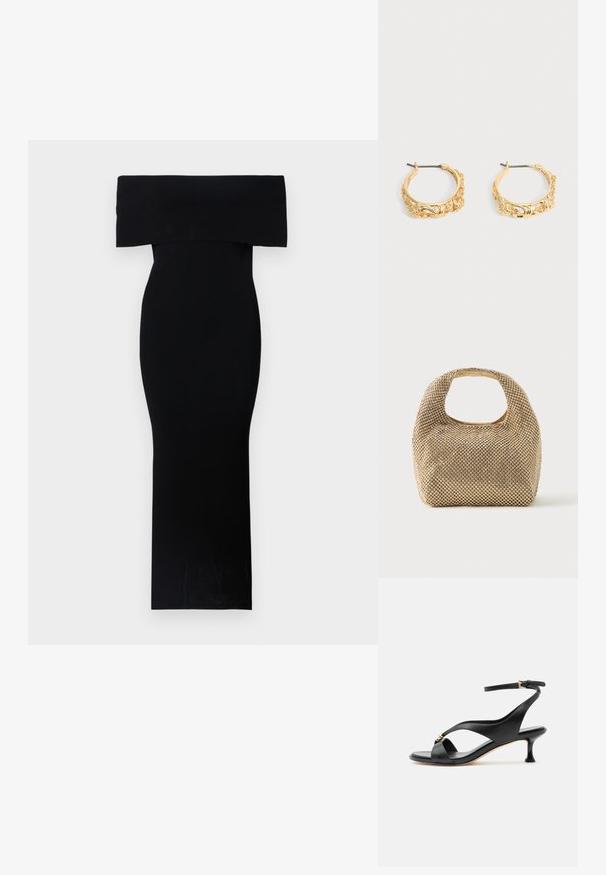 Robe noire ajustée décolletée, réalisée en tissu extensible. Modèle longueur maxi avec une texture lisse et un minimalisme dans les détails.; Sandale noire en cuir pour femme avec un petit talon courbé, des lanières croisées et une bride de cheville réglable avec une petite boucle dorée.; Petit sac à main doré recouvert de clous ronds brillants avec une poignée courte et une découpe rectangulaire en haut.; Paire de boucles d’oreilles créoles couleur or avec embossage floral et feuillage orné sur un fond neutre.