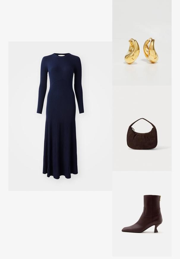 Vanessa Bruno ELISA - Robe pull - marine; Bottine en cuir brun foncé avec bout pointu, talon kitten incurvé et fermeture éclair à l'arrière sur un fond clair uni.; Sac à main en daim marron foncé avec une courte sangle et une forme rectangulaire arrondie sur un fond uni clair.; Boucles d'oreilles en or en forme de d'anneaux lisses et courbés avec une finition polie. Équipées d'un mécanisme de fermeture et de légères indentations pour le détail.