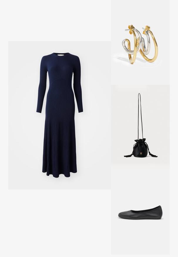 Vanessa Bruno ELISA - Robe pull - marine; Ballerines en cuir noir avec un bout rond, texture lisse, détails de couture minimalistes et design de semelle flexible.; Sac seau noir à cordon avec une longue sangle fine et un petit logo carré doré sur le devant, présenté sur un fond uni.; Boucles d'oreilles en créoles entrelacées en or et en argent avec des finitions lisses et brillantes ; elles disposent d'un fermoir à tige pour un port sécurisé.