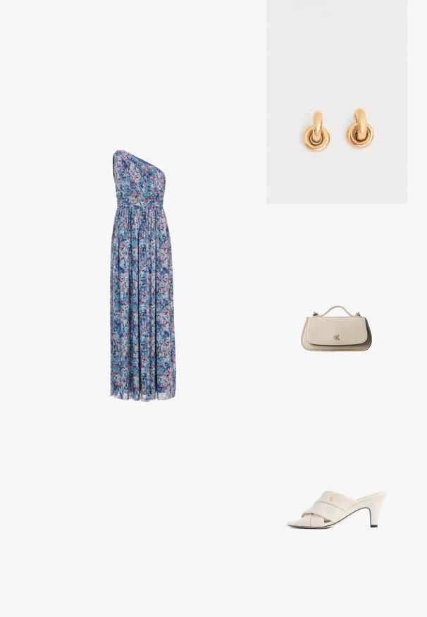 Robe longue à motifs floraux avec un design asymétrique à une épaule, taille élastique, tissu fluide avec des motifs bleus, violets et roses.; Mules à talons hauts beiges avec un design de bride en cuir torsadé, bout ouvert et motif de logo en relief. Le talon présente un détail d'embout noir.; Petit sac à main en cuir beige avec poignée supérieure et logo CK argenté sur le rabat avant, présenté sur fond blanc.; Paire de boucles d'oreilles créoles dorées et brillantes avec des maillons circulaires épais sur un fond gris clair uni.