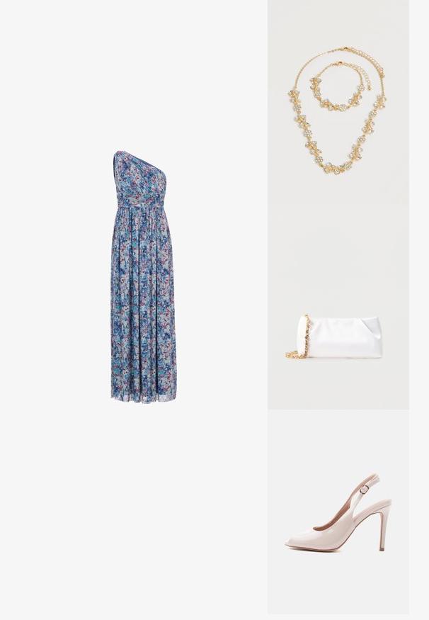 Robe longue à motifs floraux avec un design asymétrique à une épaule, taille élastique, tissu fluide avec des motifs bleus, violets et roses.; Chaussure à talon haut beige brillant à bride arrière avec bout pointu et boucle réglable sur un fond neutre.; Pochette souple blanche avec bandoulière chaîne dorée ornée de pierres précieuses transparentes, sur fond gris clair uni.; Ensemble collier et bracelet ton or avec motifs floraux et feuilles en cristal clair, tous deux avec fermoirs chaîne réglables sur fond blanc.