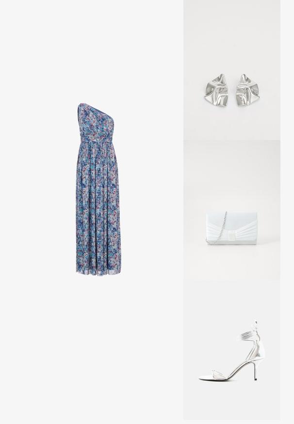 Blomsterlang kjole med asymmetrisk én skulder-design, elastisk talje og bølgende stof med blå, lilla og pink mønstre.; Sølv højhælede sandal med tynde stropper, ankelrem og slank stiletthæl på en ensfarvet hvid baggrund.; Lyseblå clutchtaske med plisseret design. Har en rektangulær form, kædestrop og en glat tekstur med en central accent.; Sølvmetal øreringe med et bølgende, skulpturelt design, der har en poleret overflade og uregelmæssige former, hvilket fremhæver en moderne æstetik.