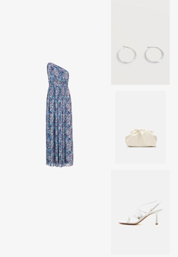 Vestido largo floral con un diseño asimétrico de un solo hombro, cintura elástica y tela fluida con patrones en azul, púrpura y rosa.; Sandalia blanca de tacón alto con tiras finas, detalles plateados, puntera cuadrada y un tacón delgado de altura media sobre un fondo blanco liso.; Bolso de mano de cuero suave de color crema con diseño fruncido y plisado y una delgada correa para el hombro que descansa delante sobre un fondo liso.; Pendientes de aro de metal plateado con superficie lisa y ligeramente curvada y cierre de tipo mosquetón sobre un fondo blanco liso.