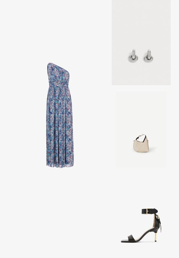 Bloemrijke lange jurk met een asymmetrisch ontwerp met één schouder, elastische taille en vloeiende stof met blauwe, paarse en roze patronen.; Zwarte leren sandalen met hak en vierkante neus, enkelband met een gouden gesp en een slanke metalen hak. Soepele textuur, minimalistisch ontwerp.; Beige leren handtas in halvemaanvorm met een enkele schouderband en minimale stiksels, afgebeeld tegen een effen witte achtergrond.; Een paar kleine, glanzende zilveren creolen met een ronde basis, afgebeeld op een effen lichte achtergrond.