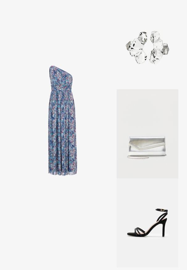 Bloemrijke lange jurk met een asymmetrisch ontwerp met één schouder, elastische taille en vloeiende stof met blauwe, paarse en roze patronen.; Anna Field Sandalen - black; Glanzende zilveren clutch met envelopvormige klep en decoratieve rand, klein zilveren kettingriempje, op een effen lichte achtergrond.; Cluster van zes onregelmatig gevormde, doorschijnende en reflecterende glasachtige stukken die zijn gerangschikt op een witte achtergrond.