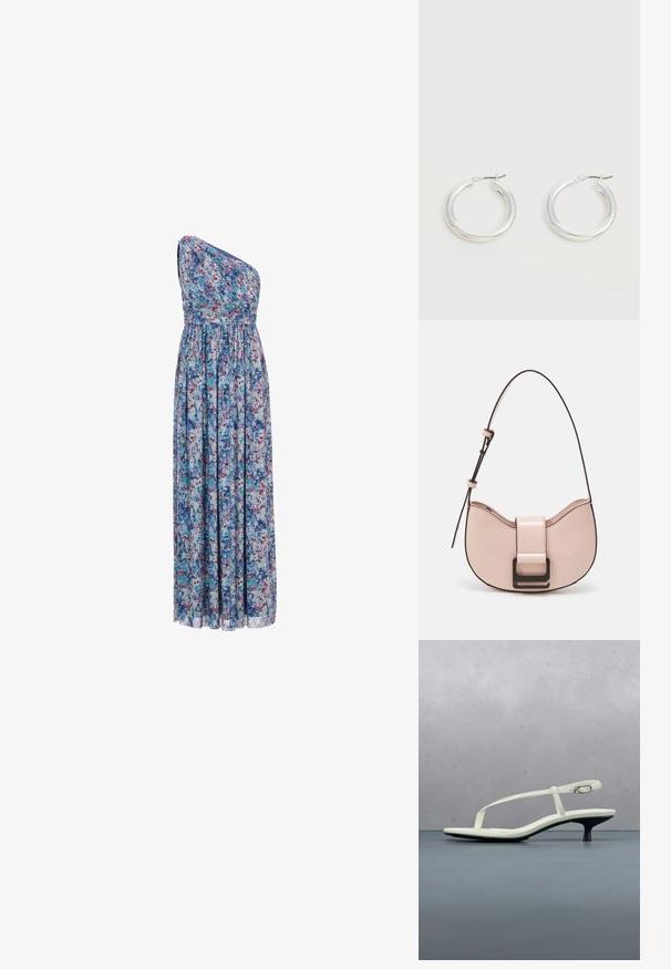 Vestido largo floral con un diseño asimétrico de un solo hombro, cintura elástica y tela fluida con patrones en azul, púrpura y rosa.; Sandalia blanca de tacón kitten con tiras y punta afilada, flotando sobre un suelo de baldosas de madera al aire libre, con un fondo desenfocado de plantas y pared.; Pequeño bolso de piel rosa curvado con un acabado brillante, que presenta una correa de acento negra y un gran cierre de broche negro. Diseño cruzado.; Par de pendientes de aro plateados brillantes de tamaño mediano con cierres metálicos finos sobre un fondo neutro claro.