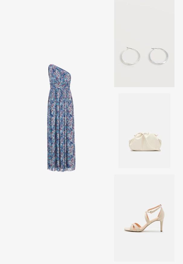 Robe longue à motifs floraux avec un design asymétrique à une épaule, taille élastique, tissu fluide avec des motifs bleus, violets et roses.; Sandale à talons hauts en suède beige avec un bout ouvert, design de sangle croisée et bride de cheville avec une boucle dorée.; Pochette en cuir souple couleur crème avec un design froncé et une fine bandoulière reposant à l’avant sur un fond uni.; Boucles d’oreilles créoles en métal argenté avec une surface lisse légèrement incurvée et des fermoirs à clapet sur un fond blanc uni.