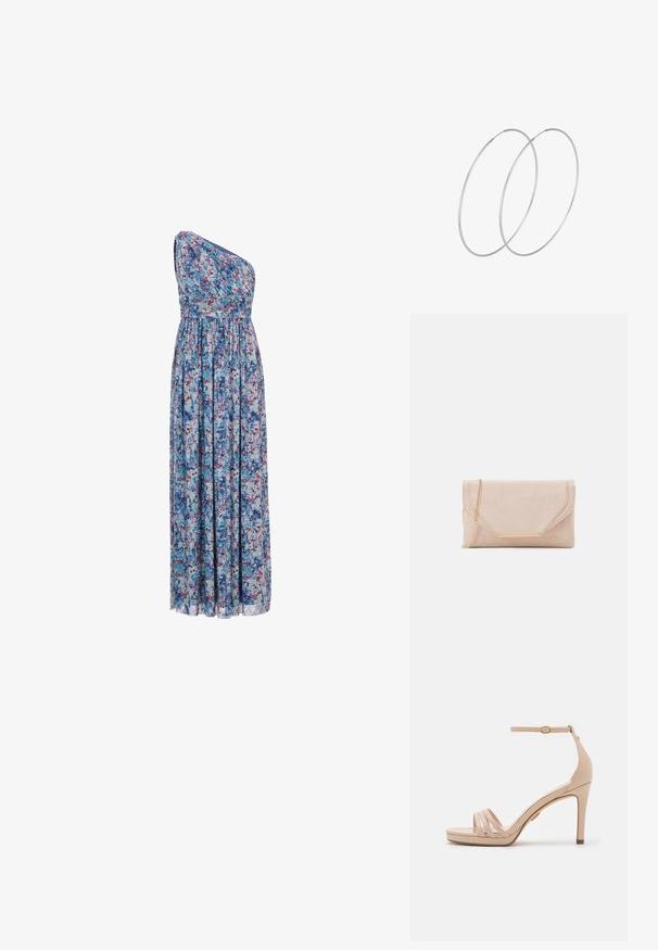 Bloemrijke lange jurk met een asymmetrisch ontwerp met één schouder, elastische taille en vloeiende stof met blauwe, paarse en roze patronen.; Beige hoge hak sandaal met een slank ontwerp, voorzien van een enkelbandje, drie dunne banden aan de voorkant en een platform voor extra hoogte.; Beige suede clutch met een gouden kettingstrap en rechthoekige hardware-accent. Kenmerkt een omgevouwen klep met schuin afgesneden randen en stiksels.; Zilveren hoepel oorbellen met een minimalistisch ontwerp. Cirkelvormig, gladde textuur en dun profiel. Lichtgewicht met een gepolijste afwerking.