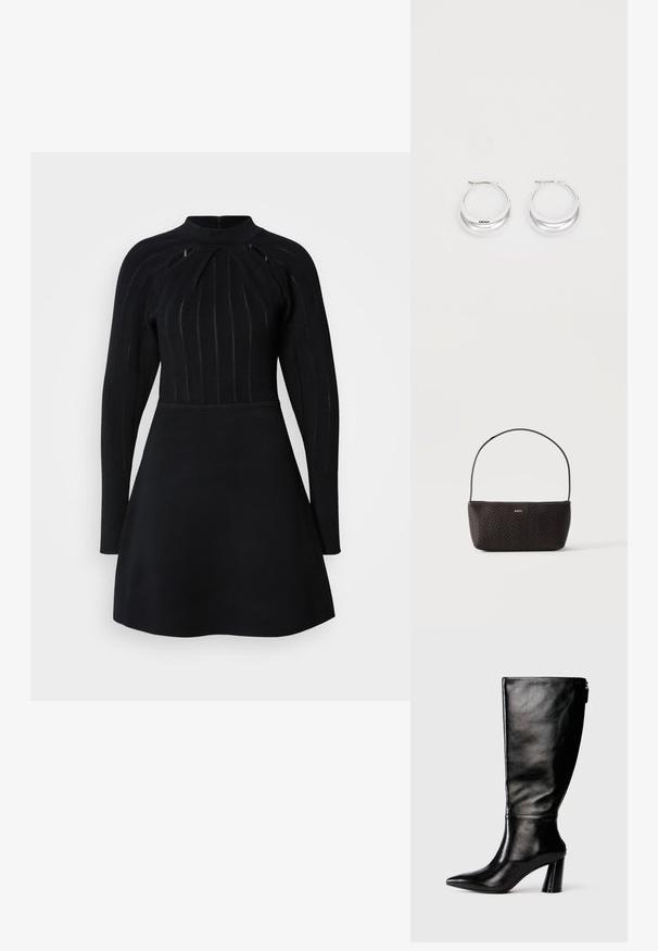 Robe noire avec un corsage ajusté à rayures verticales, un col haut, des manches longues et une jupe évasée. Texture unie, détails minimalistes.; Botte en cuir noir à hauteur de genoux avec un bout pointu, une texture lisse et un talon épais. Elle présente un zip à l'arrière.; Sac à main noir tissé texturé avec une seule bandoulière et un petit logo doré "BOSS" au centre devant.; Boucles d'oreilles en argent avec une finition polie et un branding DKNY, présentées sur un fond blanc uni.