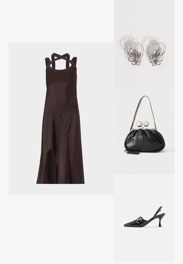 Donkerbruine mouwloze midi-jurk met asymmetrische zoom en gekruiste banden aan de achterkant, op een effen lichte achtergrond.; ALOHAS JOELLE ONIX - Klassieke pumps - black; Zwarte leren handtas met een geplooid ontwerp, een enkele schouderband, zilverkleurige metalen omlijsting en twee grote ronde zilveren sluitingen.; Een paar zilveren metalen oorbellen met een open draadkooi-ontwerp en gladde centrale ovale vormen die gebogen schaduwen werpen op een witte achtergrond.