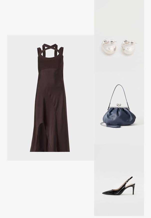 Vestido midi sin mangas de color marrón oscuro con dobladillo asimétrico y tirantes cruzados en la parte trasera sobre un fondo claro y liso.; Zapatos de charol negro con tirante al tobillo, punta afilada, tacón delgado y un diseño de corte sutil. Presenta una hebilla dorada en la correa.; Bolso de mano de cuero azul marino suave con cierre de broche plateado, una correa de hombro y correa de cadena desmontable para la muñeca sobre fondo blanco.; Par de pendientes llamativos de aro grueso plateado brillante con cierre de poste sobre un fondo blanco liso.