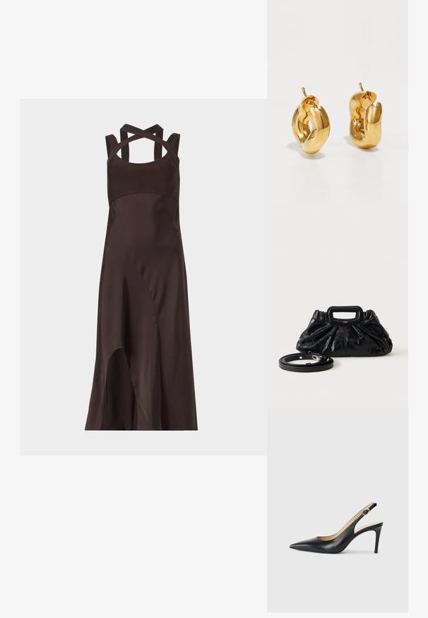 Dunkelbraunes ärmelloses Midikleid mit asymmetrischem Saum und überkreuzten Trägern am Rücken vor einfarbig hellem Hintergrund.; Schwarze Leder-Slingback-High-Heels mit spitzem Zehenbereich, verstellbarem Riemen und schlankem Stiletto-Absatz, ausgestattet mit einer glatten Oberfläche.; Kleine schwarze Lederhandtasche mit geraffter Textur, rechteckigem Griff und abnehmbarem dünnen Schulterriemen, der daneben liegt.; Fette goldene Creolen mit einem leicht verdrehten, röhrenförmigen Design und Steckverschlüssen auf einem weißen Hintergrund.