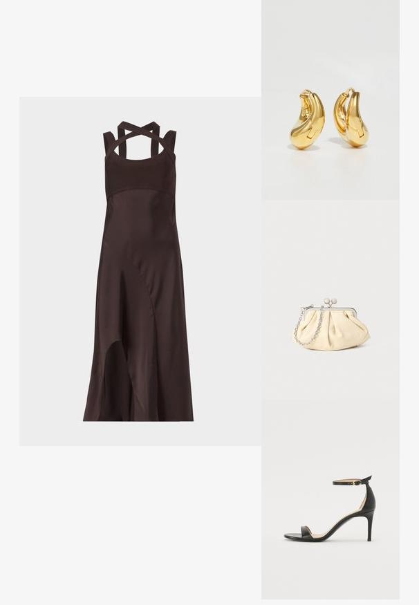 Robe midi sans manches marron foncé avec ourlet asymétrique et bretelles croisées dans le dos sur un fond uni clair.; Sandale à talons hauts en cuir noir avec une lanière de cheville. Présente une texture lisse, un bout ouvert et un talon fin. Détail de boucle en ton doré.; Pochette en cuir beige plissé avec un cadre en métal argenté, dotée de deux fermoirs ronds décoratifs et d'une chaîne en argent.; Boucles d'oreilles en or en forme de d'anneaux lisses et courbés avec une finition polie. Équipées d'un mécanisme de fermeture et de légères indentations pour le détail.