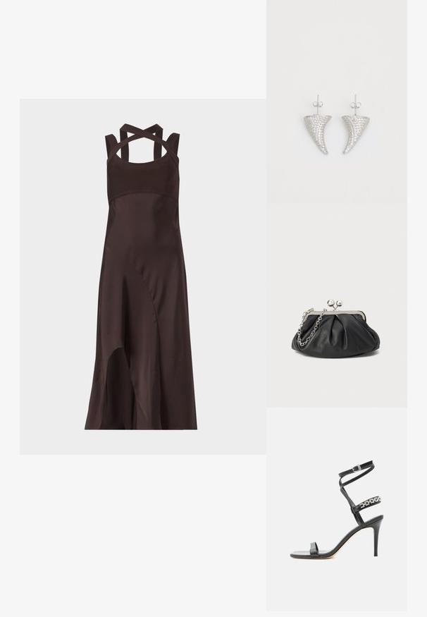 Vestido midi sin mangas de color marrón oscuro con dobladillo asimétrico y tirantes cruzados en la parte trasera sobre un fondo claro y liso.; Sandalia negra de tacón alto con tira delgada en el tobillo, tira en la parte media del pie decorada con eslabones de cadena plateados y diseño de punta abierta.; Clutch de cuero negro con textura arrugada, marco de metal en tono plateado, cierre de beso y cadena para colgar. Superficie suave y lisa.; Pendientes en forma de cuerno plateado, engastados con pequeñas piedras transparentes, que cuentan con un cierre trasero para su sujeción. Textura suave y acabado metálico.