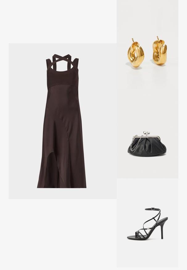 Dunkelbraunes ärmelloses Midikleid mit asymmetrischem Saum und überkreuzten Trägern am Rücken vor einfarbig hellem Hintergrund.; Schwarze High-Heel-Sandale mit dünnen Riemen, einem Knöchelverschluss, einer glatten Lederoberfläche und einem schlanken Stiletto-Absatz.; Schwarze Leder-Clutch mit geraffter Textur, silberfarbener Metallrahmen, Druckverschluss und Kettenriemen. Glatte, weiche Oberfläche.; Fette goldene Creolen mit einem leicht verdrehten, röhrenförmigen Design und Steckverschlüssen auf einem weißen Hintergrund.