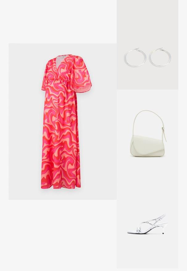 Robe maxi avec un décolleté en V profond, des manches courtes bouffantes et une taille élastique, ornée d'un motif abstrait de tourbillons roses et corail sur un tissu léger.; Sandale argentée à lanières avec un talon fin, dotée d'un matériau brillant, d'une ouverture à l'avant et d'une bride réglable à la cheville.; Sac à main en cuir synthétique blanc avec une forme triangulaire structurée, une bandoulière unique réglable et un rabat à courbes accentuées.; Paire de boucles d'oreilles créoles argentées brillantes avec fermoirs en fil fin, présentée sur un fond gris clair.