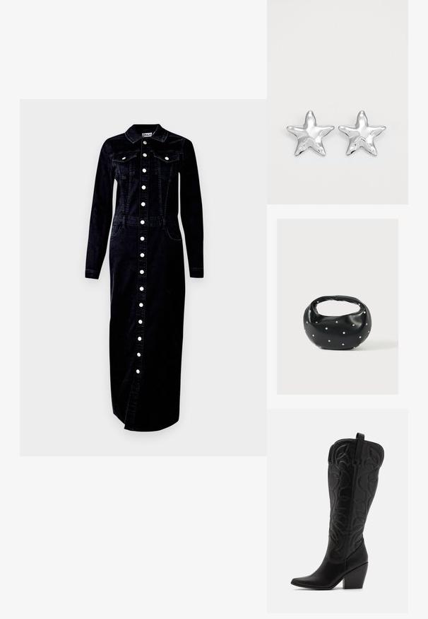 Vestido de mezclilla negro, de mangas largas, con cierre de botones en la parte delantera, cuello, dos bolsillos en el pecho y bolsillos laterales, con acentos de botones plateados.; Botas negras de cuero hasta la rodilla con punta puntiaguda y tacón apilado. Presentan costuras decorativas y elementos de diseño curvados.; Bolso de mano de cuero negro con forma redondeada, decorado con detalles de tachuelas plateadas y un asa corta. Textura lisa y cierre con cremallera.; Pendientes en forma de estrella plateada con una superficie pulida y brillante. Cada pendiente presenta cinco puntas y sutiles detalles de textura en la superficie.