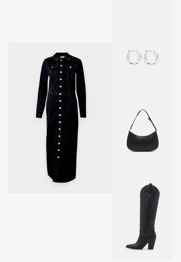 Čierne denimové šaty, dlhé rukávy, zapínanie na gombíky, golier, dve vrecká na hrudi a bočné vrecká, so striebornými gombíkmi ako doplnkami.; Zign LEATHER - Kovbojské/motorkárske čižmy - black; Pieces PCALUANA SHOULDER BAG - Kabelka - black; Strieborné kruhové náušnice s lešteným povrchom, ktoré majú kruhový tvar a závesné zapínanie. Hladký povrch s minimálnymi detailmi.