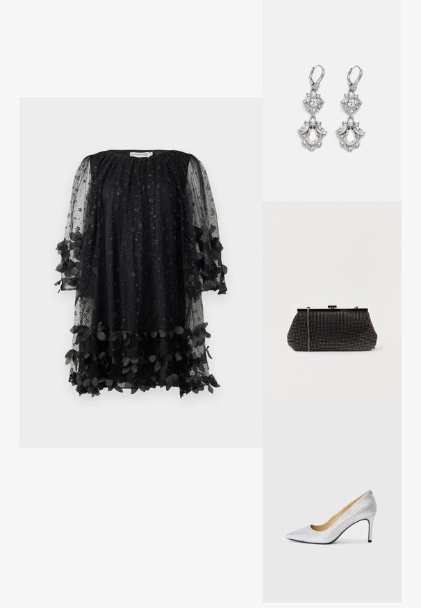 Robe noire avec des manches transparentes à motifs étoilés et des accents de tissu fleuri à l'ourlet et aux poignets. Encolure ronde, coupe décontractée.; Pompe à talons aiguilles en argent pailleté avec un bout pointu et une doublure intérieure lisse. Le talon est fin, soulignant le design élégant.; Pochette noire en mesh avec une silhouette structurée, ornée de petits clous métalliques, dotée d'une fermeture à clip et d'une bandoulière en chaîne détachable.; Boucles d'oreilles en métal argenté ornées de plusieurs pierres précieuses en cristal transparent en forme de goutte et de marquise, avec des fermoirs à levier et des détails complexes.